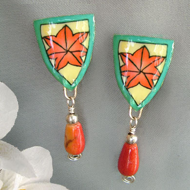 apple coral and turquoise lacquer clip-on earrings