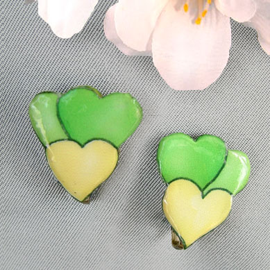 green and yellow hearts lacquered clip on earrings