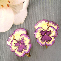lacquered paper pansy earrings in yellow, lilac, and purple