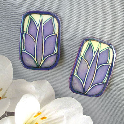soft purple and cream rounded rectangle lacquered clip on earrings