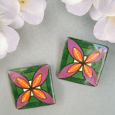 quilt squares clip on earrings in deep green
