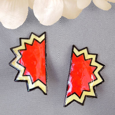 red, black and offwhite sunburst lacquered clip on earrings