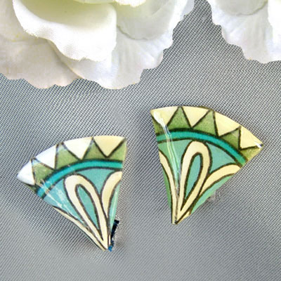 soft blue, green and cream triangle wedge lacquered clip on paper earrings