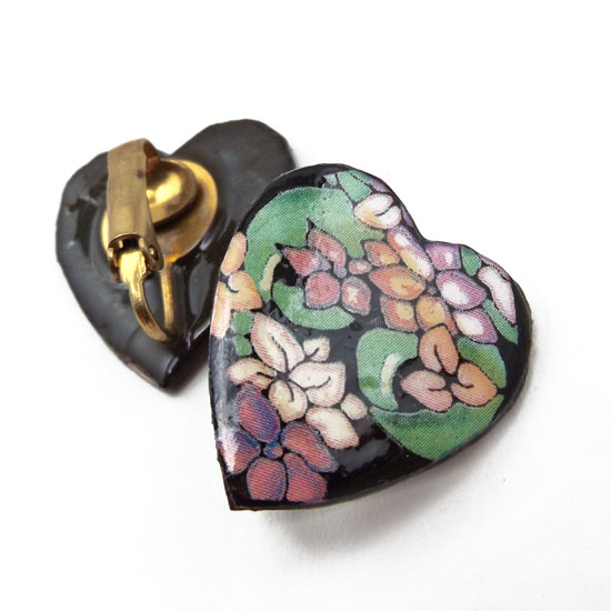 black floral heart clip on earrings made with lacquered paper