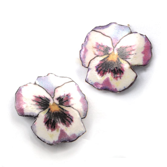 purple and white pansy clip on earrings....made with lacquered paper