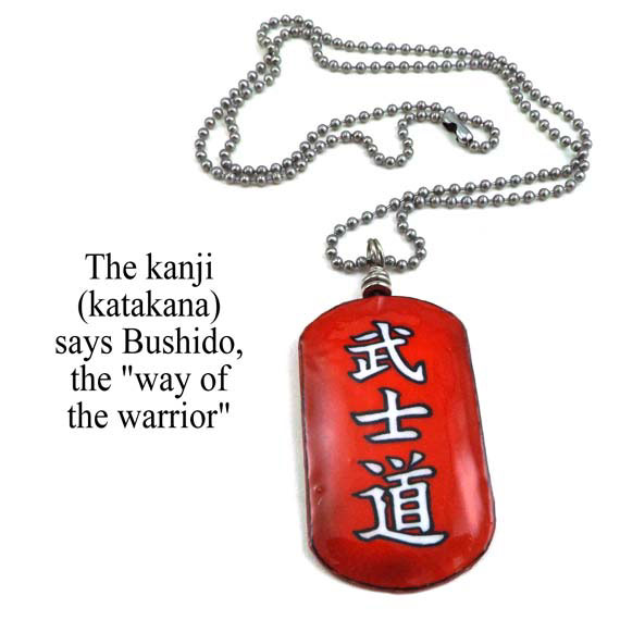 lacquered paper dogtag necklace that says Bushido in Japanese katakana