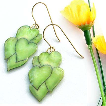 paper earrings that are lime green hearts...made with gold-filled earwires