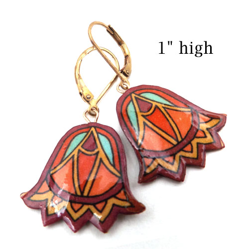 art deco bell shape paper earrings in purple, orange and red