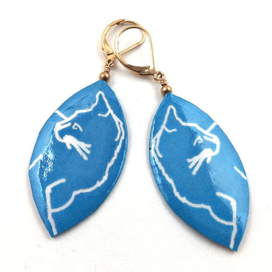 paper earrings...stylized, vivid turquoise cat earrings