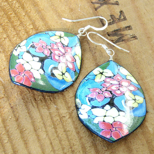 aqua and pink floral design paper earrings