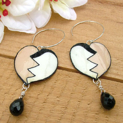 black, white and tan hearts paper earrings with black obsidian briolettes