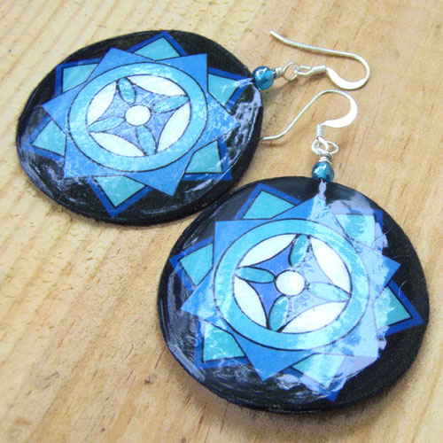 Big Lightweight Blue and Black Mandala Snowflake Earrings