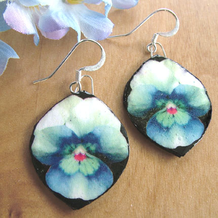 lacquered paper blue flower paper earrings