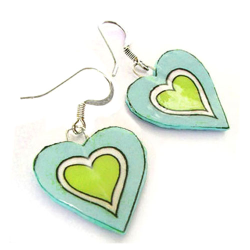 light blue and lime green paper heart earrings...heart earrings for a first year anniversary gift and great Christmas gift idea