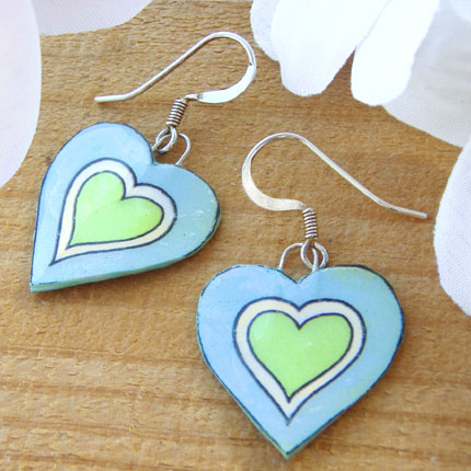 light blue and lime green hearts paper earrings