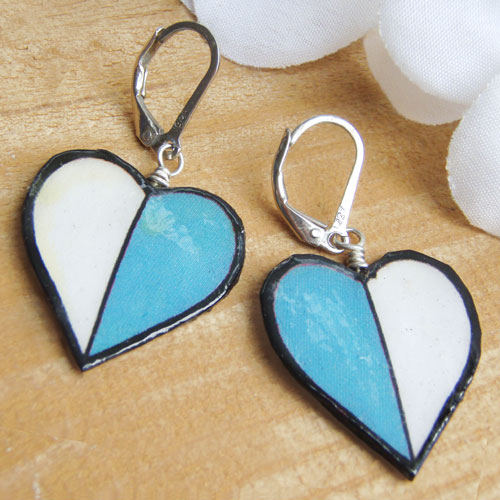 lacquered paper blue and white earrings with black accent and sterlign silver leverbacks or french earwires