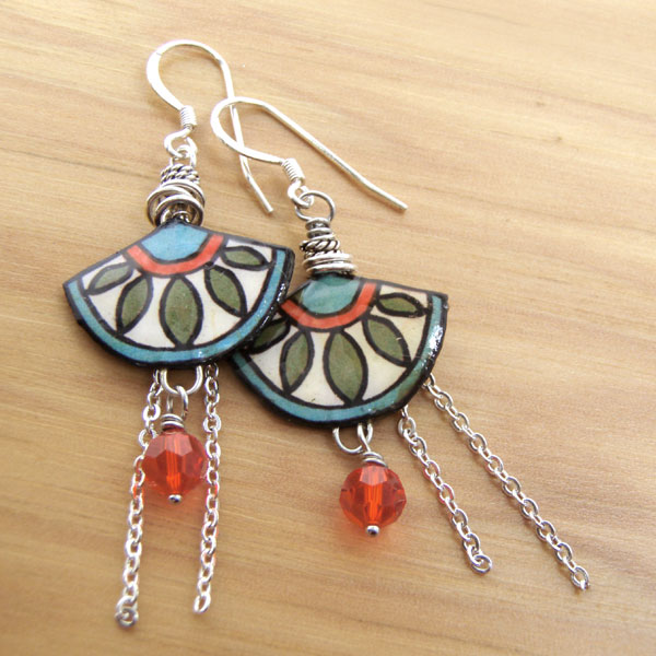 Aqua, cream, orange, and green rystal, chain, and paper earrings 