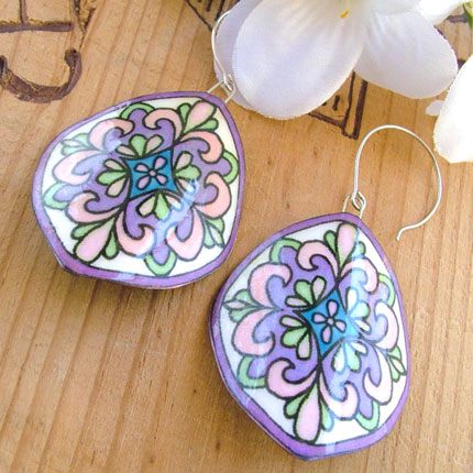 lilac mosaic pattern lacquered paper earrings - big, lightweight and comfortable earrings