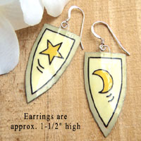 lacquered paper earrings in offwhite, golden yellow, and gray - with moons and stars and sterling silver earwires