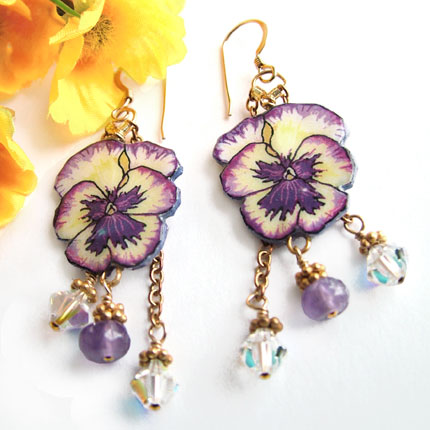 pansy earrings with amethyst and swa rovski crystals
