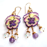 Lacquered Paper Pansy Earrings with Amethyst and Swarovski Crystals