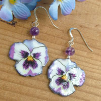 purple and white pansy paper earrings with sterling silver and gemstone amethyst