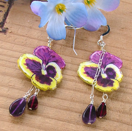lacquered paper purple and yellow pansy earrings with garnet and amethyst gemstone teardrops