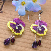 purple and yellow lacquered paper pansy earrings with amethyst and garnet on sterling silver chain