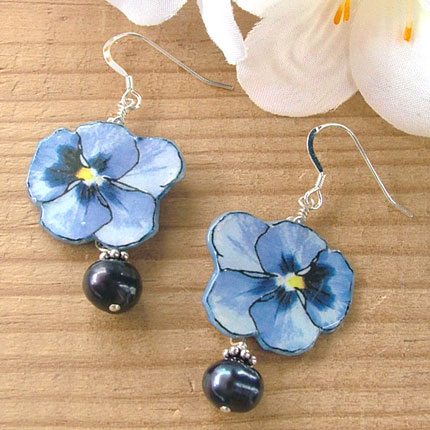 pansy earrings with black pearls and sterling silver