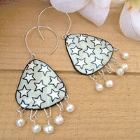 grey and white lacquered paper earrings with white freshwater pearls