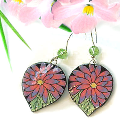 paper earrings with pink gerbera daisies on black, accented with swarovski crystals and sterling silver earwires