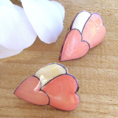 lacquered paper pink hearts post or clip on earrings