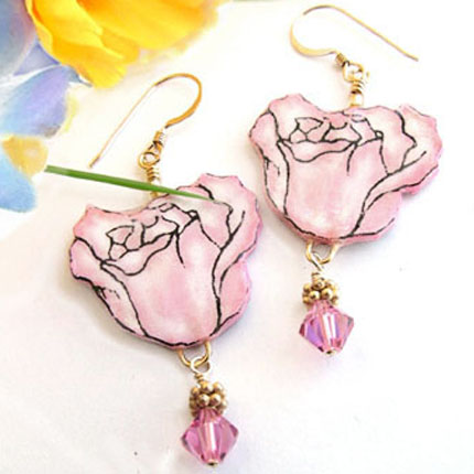 Lacquered Paper Pink Rose and Swarovski Crystal Earrings