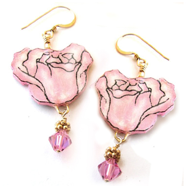 pink rose ppaer earrings with golden bali-style spacers and pink swarovski crystals...view 2