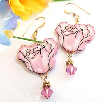 pink rose earrings with swarovski crystals and gold filled earwires