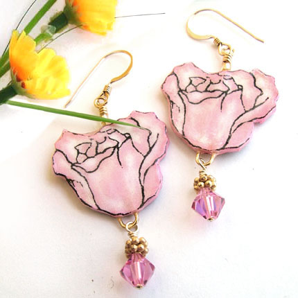 pink rose earrings decorated with golden bali-style spacers and pink swarovski crystals