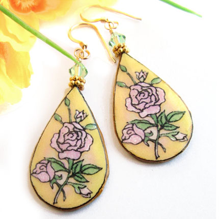 lacquered paper pink rose earrings with yellow