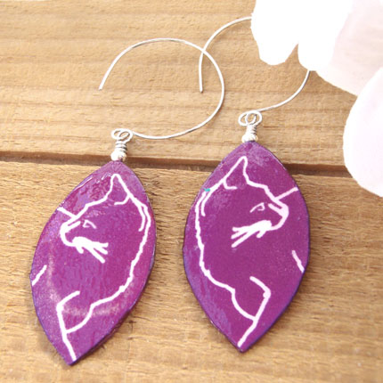 magenta purple cat paper earrings