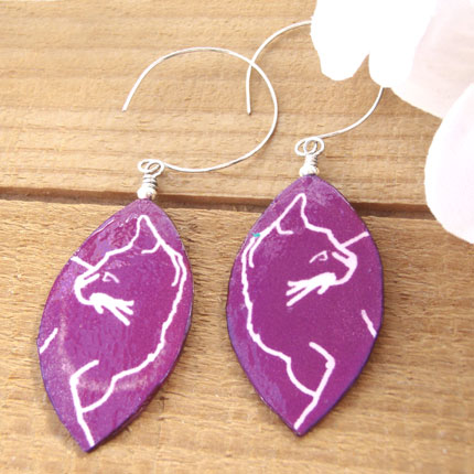 magenta purple cat paper earrings
