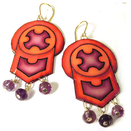 red and orange gypsy-inspired earrings with handwired amethyst dangles and goldfilled earwires