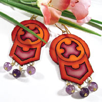 gypsy red orange and purple earrings with amethyst and gold