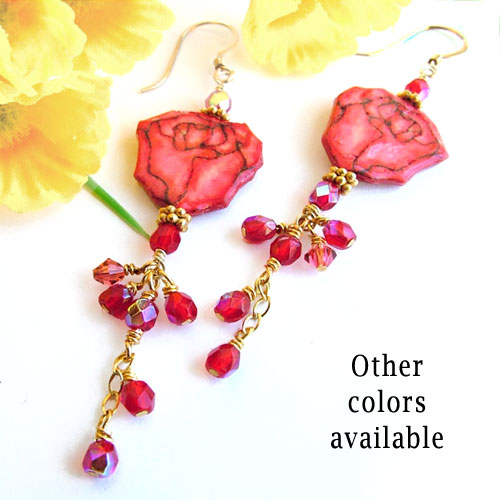 lacquered paper red rose earrings with crystals and chain