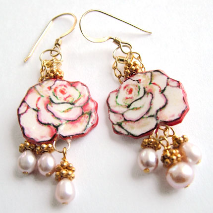 white to pink rose earrings with handwired pink freshwater pearls, and gold filled earwires 