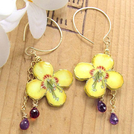 lacquered paper earrings...yellow california primrose earrings with amethyst crystal teardrops and gold filled earwires
