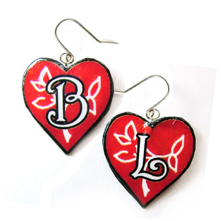 lacquered paper custom earrings with hearts and your choice of initials
