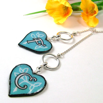 Lacquered paper hearts custom lariat necklace with your choice of color and initials