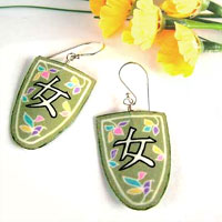 Japanese Kanji Onna, or Woman, Lacquered Paper Earrings