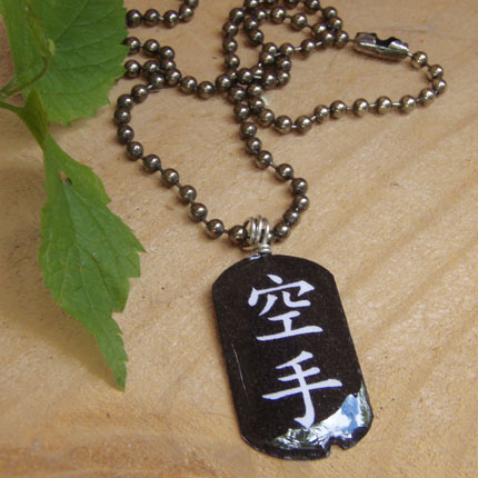 lacquered paper black and white karate dogtag necklace