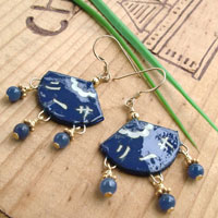 lacquered paper and blue quartz earrings with gold...and the japanese kanji for the name lisa