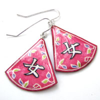japanese kanji woman earrings in deep pink with floral design motif